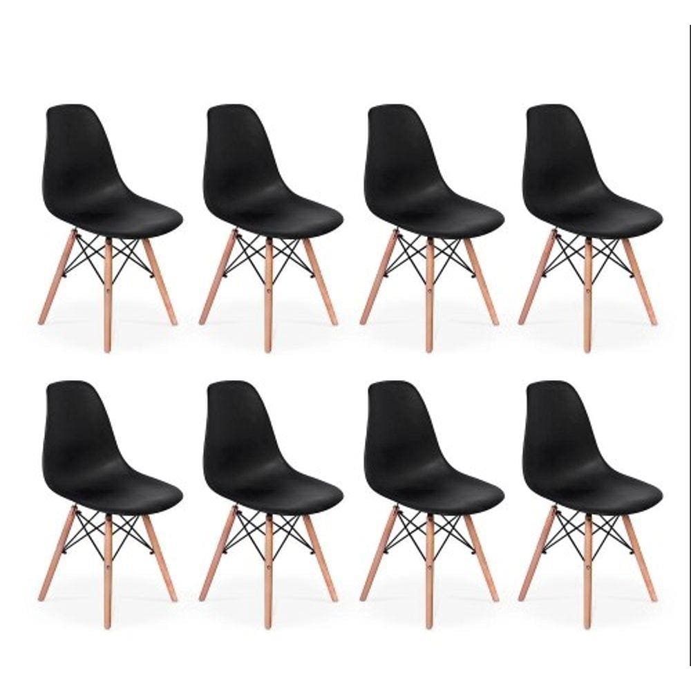 Kit - 8 X Cadeiras Charles Eames Eiffel Dsw - Base De Madeira Clara - Preto
