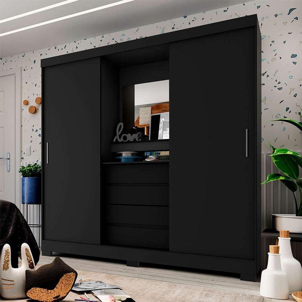 guarda-roupa casal com espelho grécia 2 pt 4 gv preto