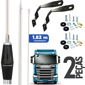 2 Antena Px Mini Maria Mole Inox 1,40m Alongador 40cm Suporte Dianteiro Parabrisa Scania Parafusos