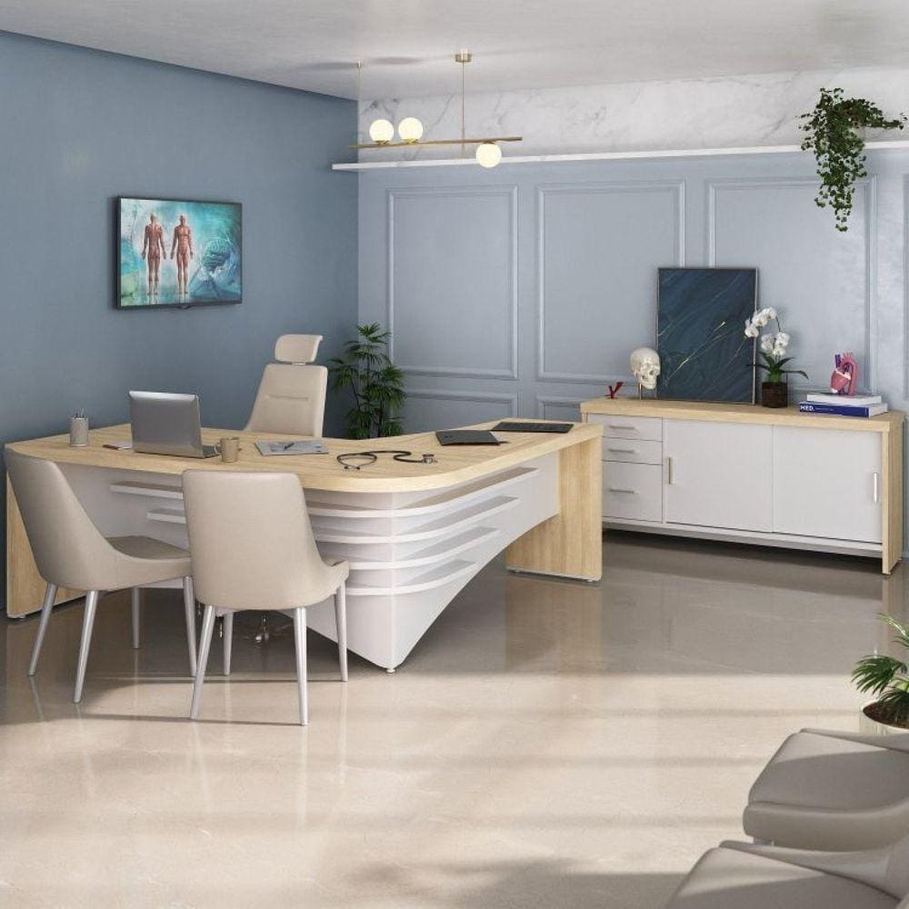 Conjunto Consultório 2 Peças Mesa Diretor em L com Balcão Artany Carvalho/Branco