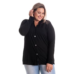 Camisete Feminino Plus Size Manga Longa Visco Detalhe Renda Fechamento Botão - Serena