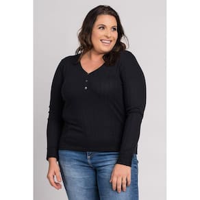 Blusa Feminina Plus Size Canelado Botões Fake Decote - Cereja Rosa