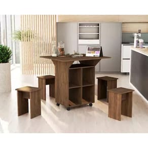 Mesa De Cozinha Dobrável 90cm Annie C/ Bancos e Rodizio 100% Mdf -Castanho