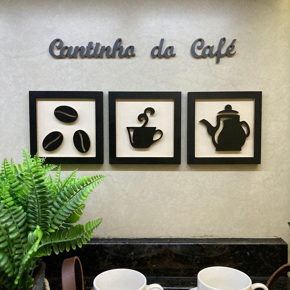 Kit 3 Quadros decorativos Cantinho do Café + Frase 3D relevo