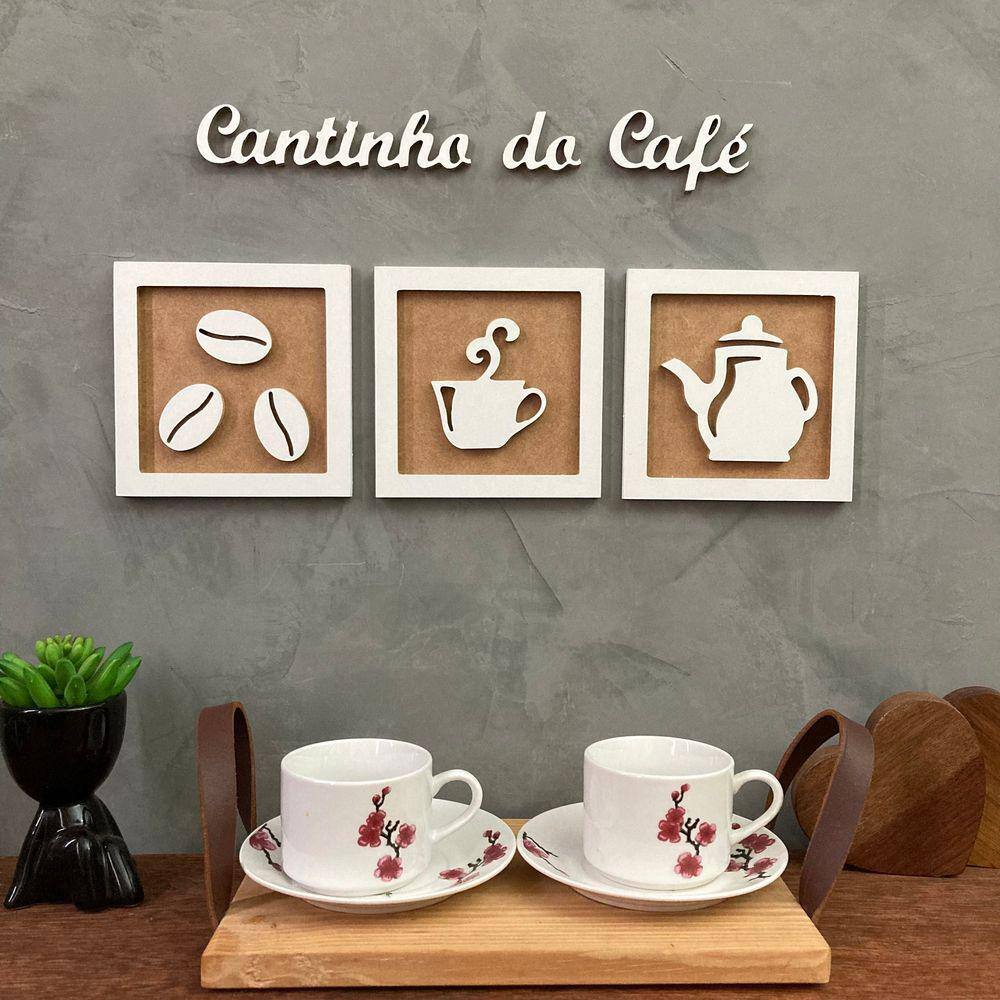 Kit 3 Quadros decorativos Cantinho do Café + Frase 3D relevo