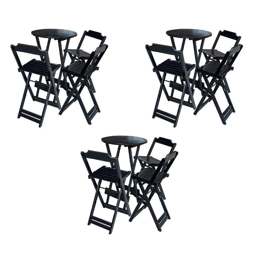 Kit 3 Conjuntos De Mesa Bistrô Dobraveis Em Madeira Padrão Com 3 Banquetas Altas - Preto - Preto