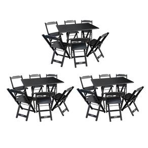 Kit 3 Conjuntos De Mesa Dobráveis De Madeira 70x110cm Com 6 Cadeiras Preta - Cor: Preto