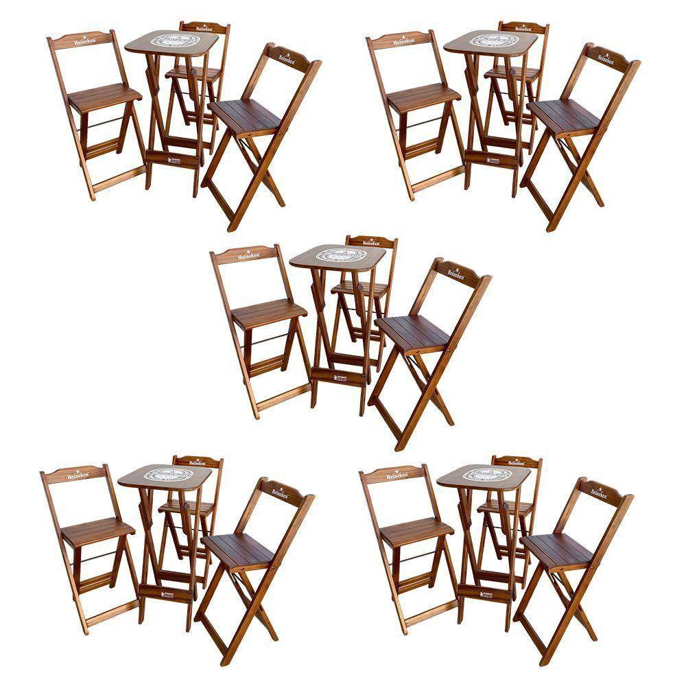 Kit 5 Conjuntos Bistrô Mesa Com 3 Banquetas Dobráveis De Madeira Personalizada Hei - Imbuia Marrom
