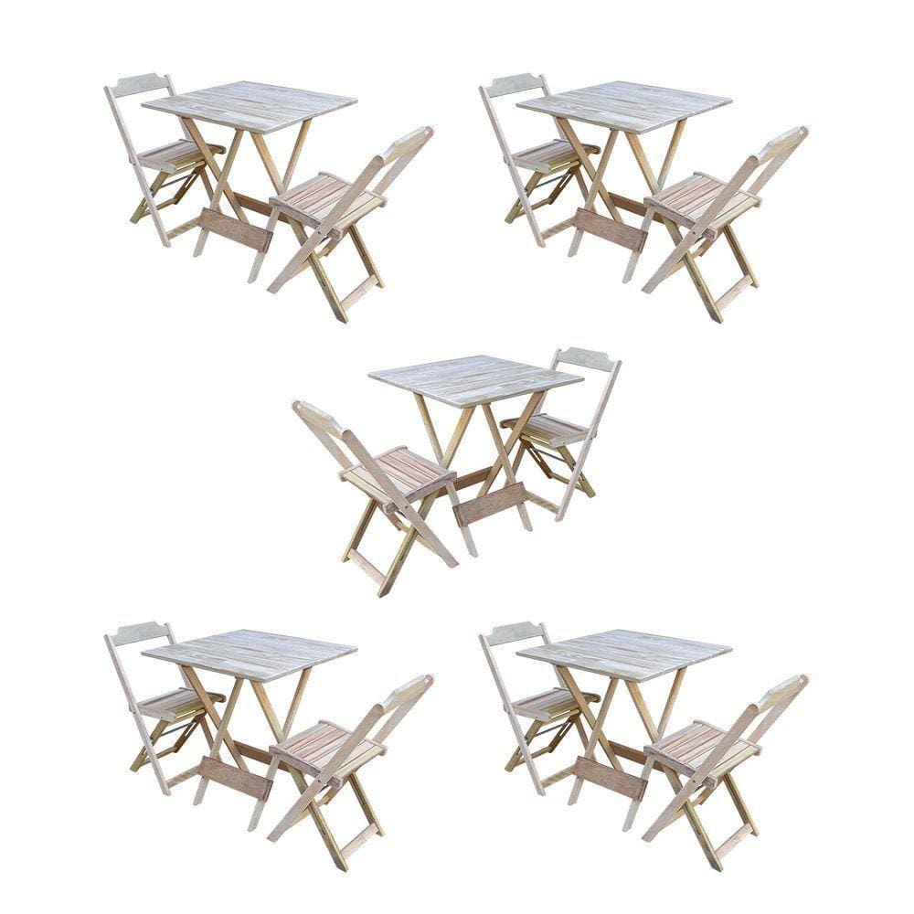 Kit 5 Conjuntos De Mesa Dobravel Com 2 Cadeiras De Madeira 70X70 Para Restaurante E Bar - Sem Pintur
