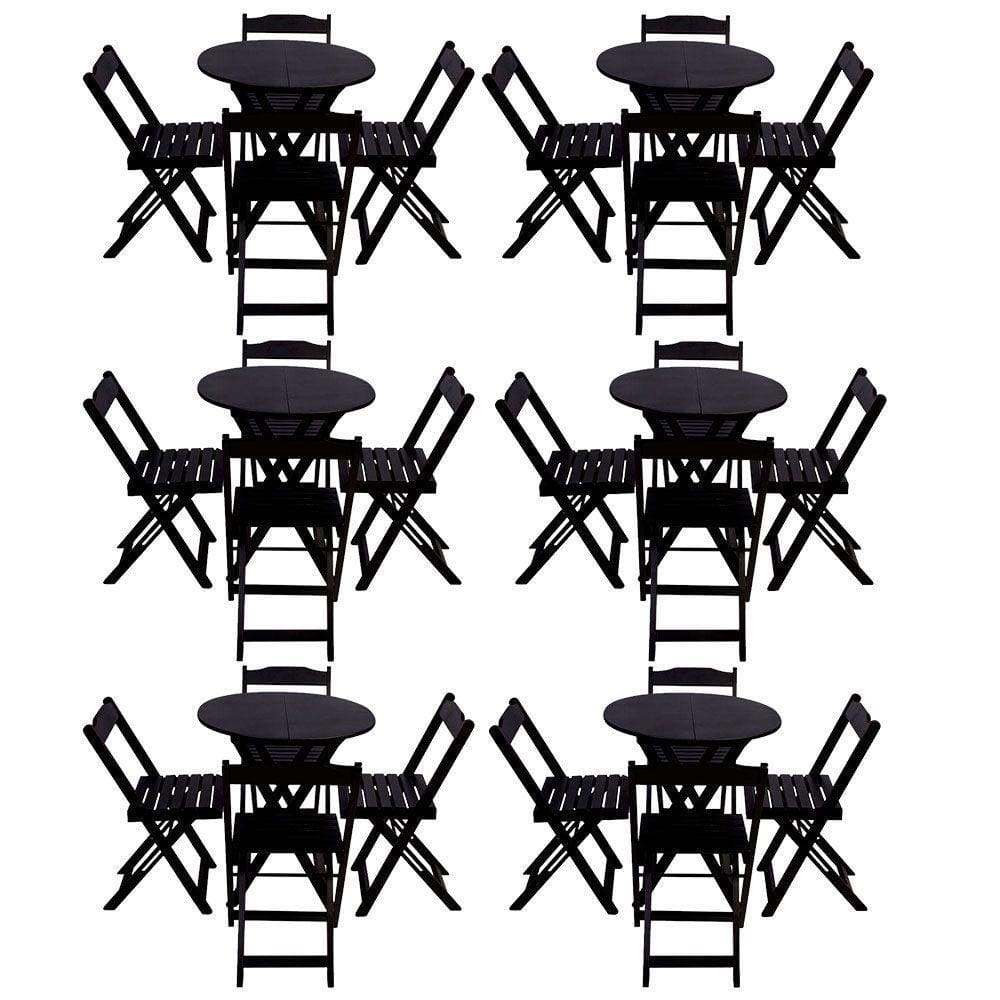 Kit 6 Jogos De Mesa Dobravel Com 4 Cadeiras Tampo Redondo 70X70 Preto - Preto