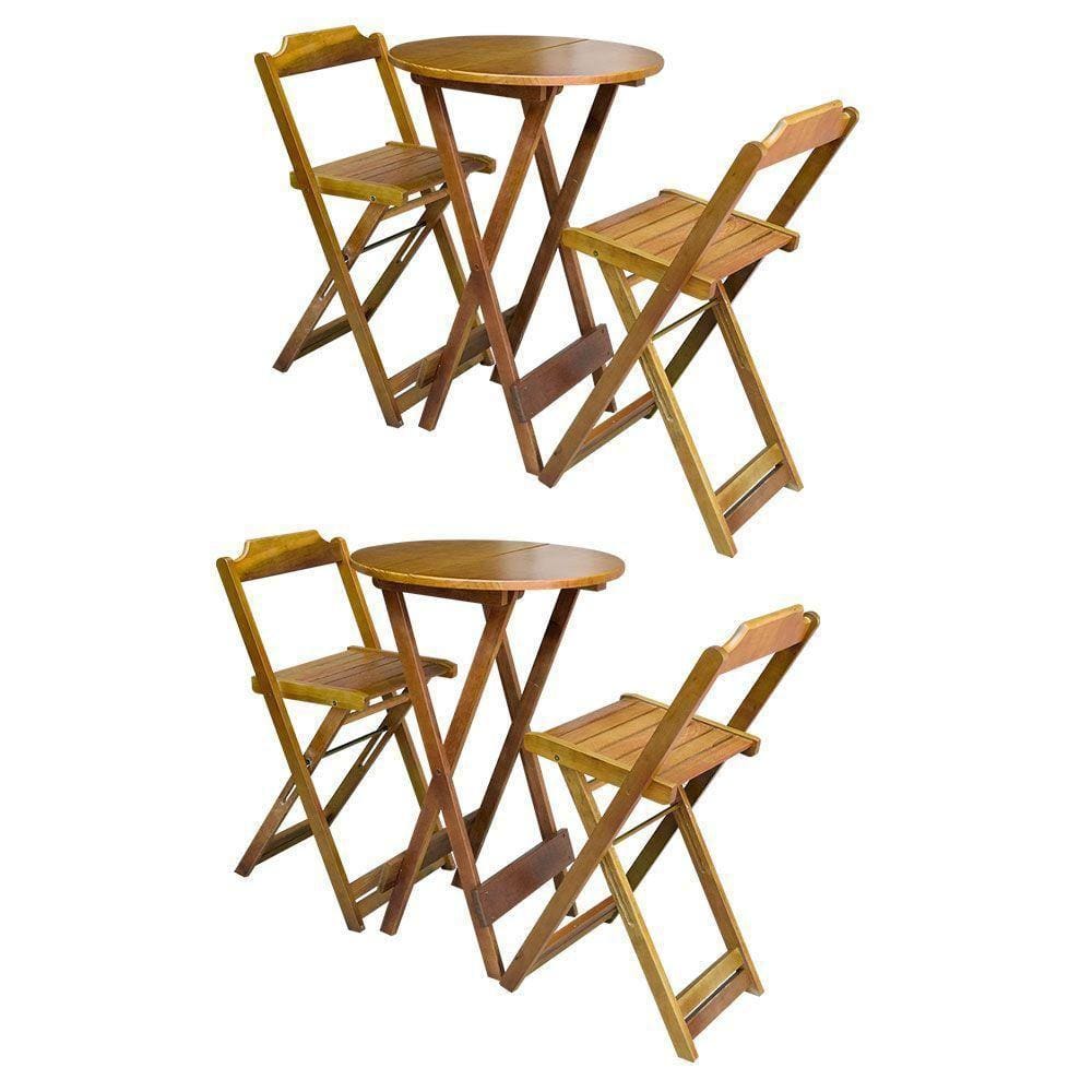 Kit 2 Jogos De Mesa Bistrô Dobrável Em Madeira Maciça Com 2 Banquetas Altas - Mel - Marrom