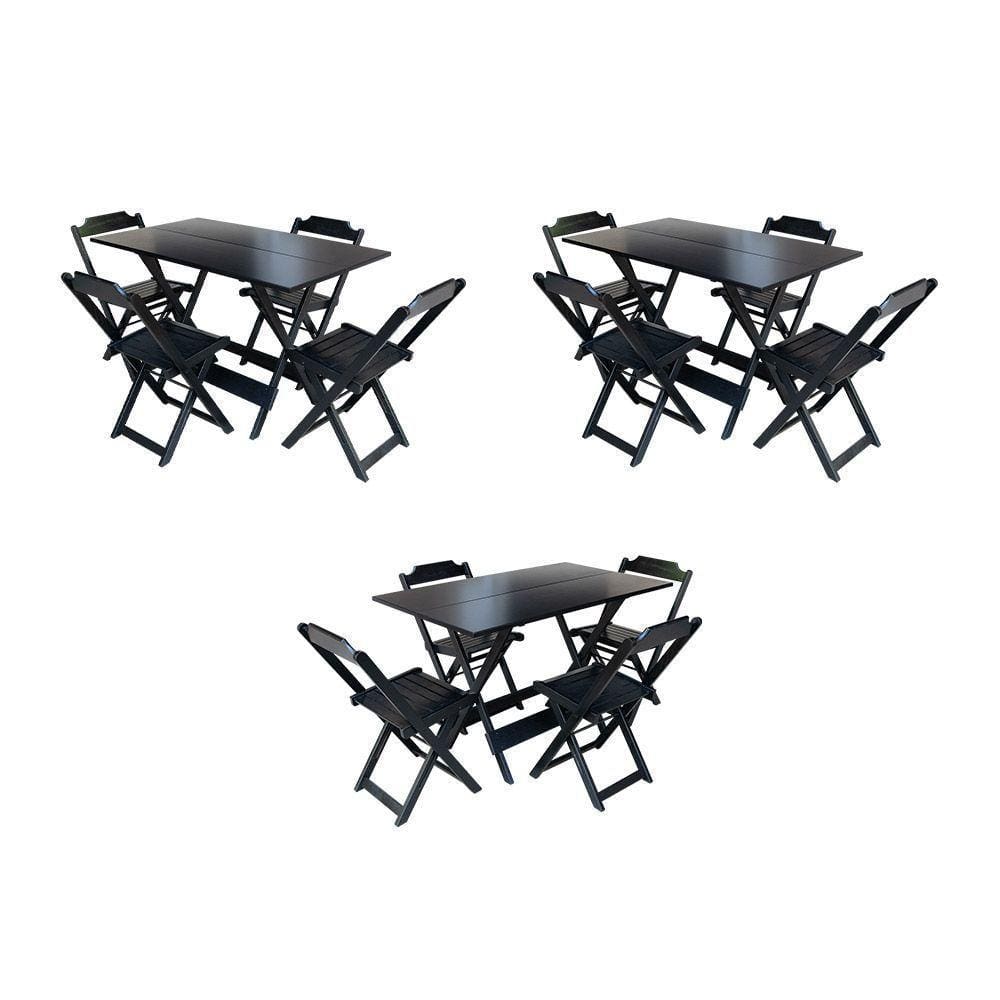 Kit 3 Conjuntos De Mesa Dobravel Com 4 Cadeiras De Madeira 120X70 Para Restaurante E Bar - Preto
