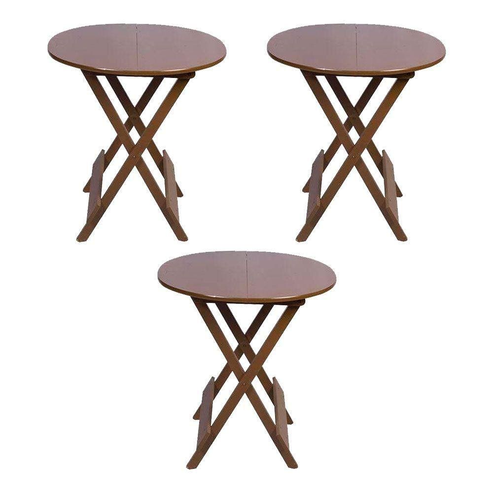 Kit 3 Mesas Redondas Dobráveis Em Madeira Maciça 70X70 Imbuia Ideal Para Bares E Restaurantes