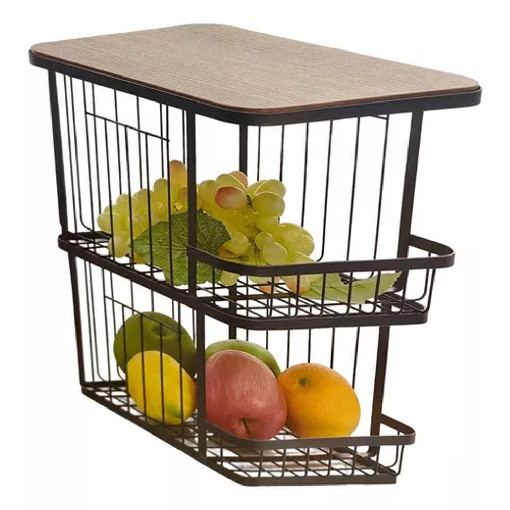 Fruteira Ou Cesto Duplo Organizador Aço E Madeira 30x24x34cm
