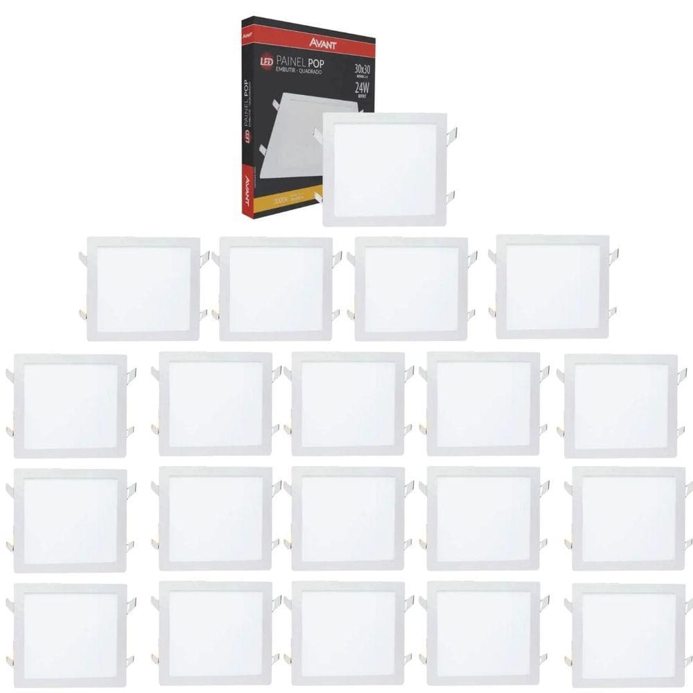 Kit 20 Plafon de Embutir 30x30cm Avant 24W 6500K Bivolt Luz Branca - Quadrado