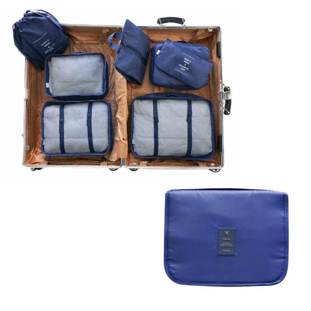 Kit 8 Peças Organizador Para Mala De Viagem Com Necessaire Cabide Azul Marinho