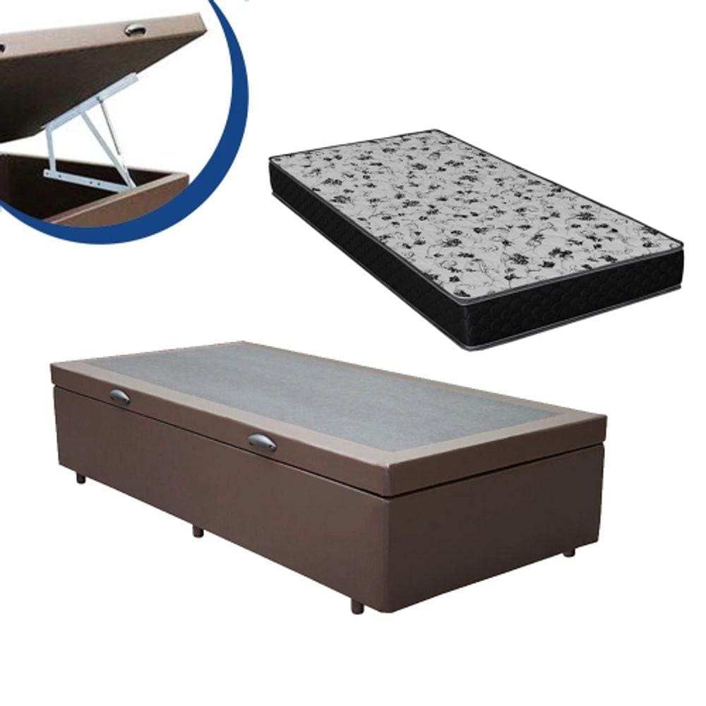 Cama Box Baú Solteiro Conforto Suede Marrom + Colchão Solteiro Conforto Espuma D23 Com EPS 14x88x188