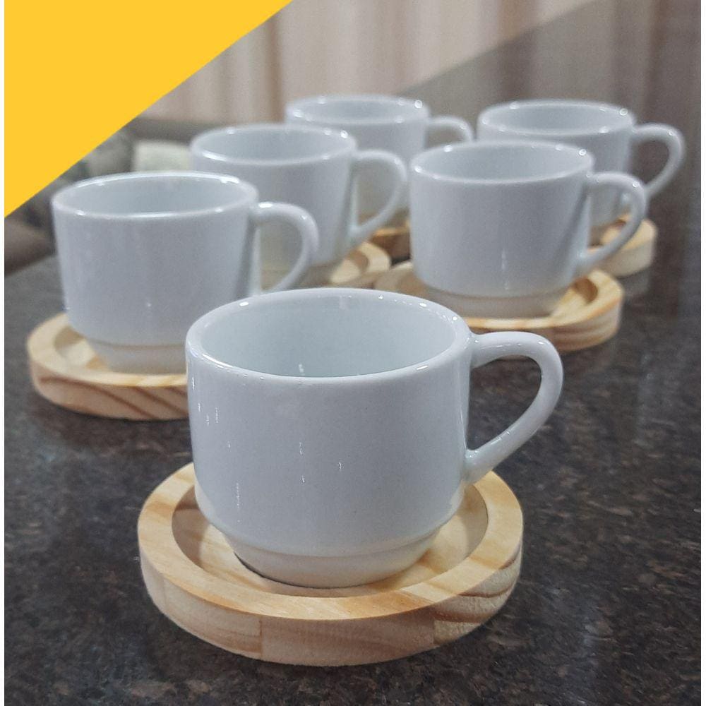 Jogo 6 xícaras café/chá hotel 200ml empilháveis com pires de Pinus - Porcelana branca
