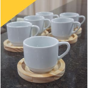 Jogo 6 xícaras café/chá hotel 200ml empilháveis com pires de Pinus - Porcelana branca