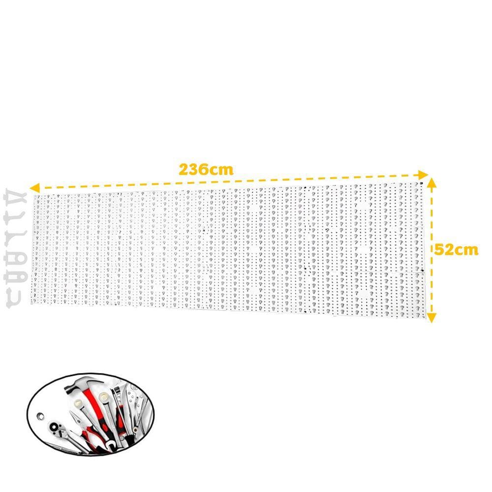 Painel Expositor De Ferramentas Modular 236x52cm Em Plástico Perfurado Com 96 Ganchos Parede Branco - AMZ