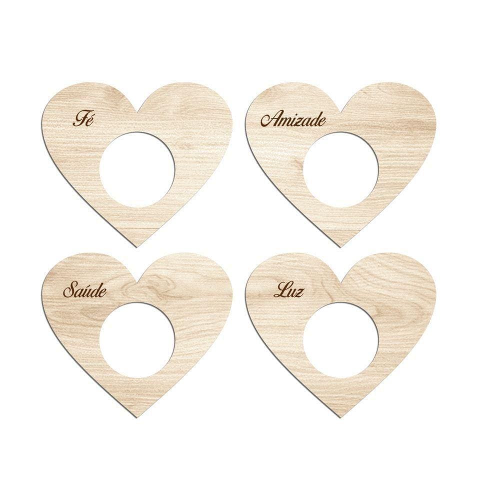 Porta Guardanapo Coração Desejos Kit 4 Peças 7,5cmx6,5cm - Cria Arte Laser Madeira Clara