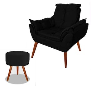 Poltrona 1 Lugar Sofá Suede Preto Com Puff Banco Decoração