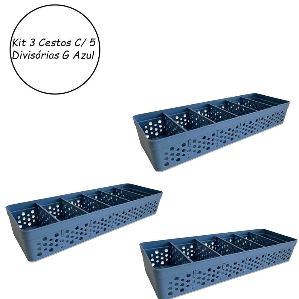 Kit 3 Cesto Organizadores Armário Gaveta Lavanderia Azul