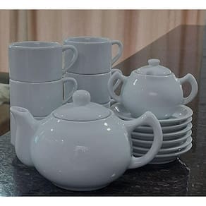 Jogo Café e Chá Mesa Posta 14 peças -Chaleira 830ML + Açucareiro 250ml + 6 xícaras café/chá 200ml empilháveis c/ pires