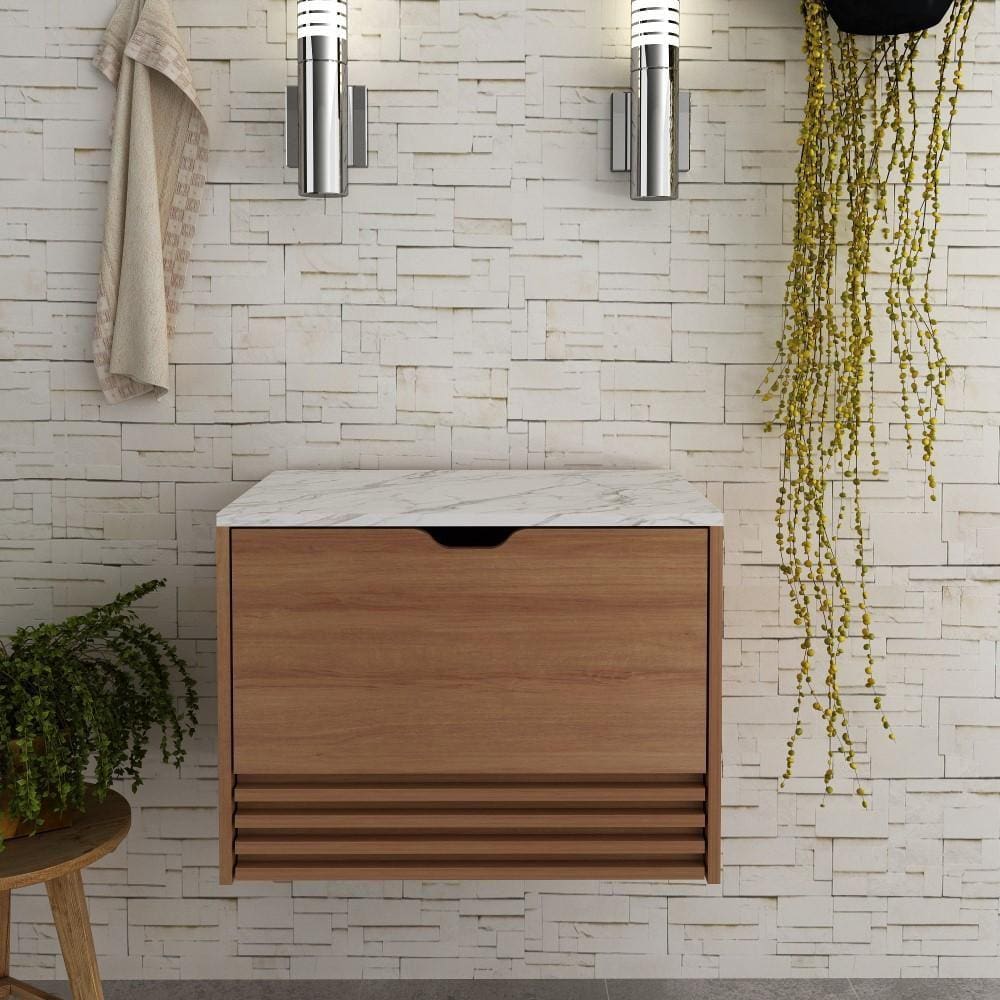 Balcão Gabinete Armário Suspenso Ripado 60 cm 1 Porta 1 Gaveta Banheiro Marrom Amêndoa e Branco