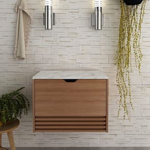 Balcão Gabinete Armário Suspenso Ripado 60 cm 1 Porta 1 Gaveta Banheiro Marrom Amêndoa e Branco
