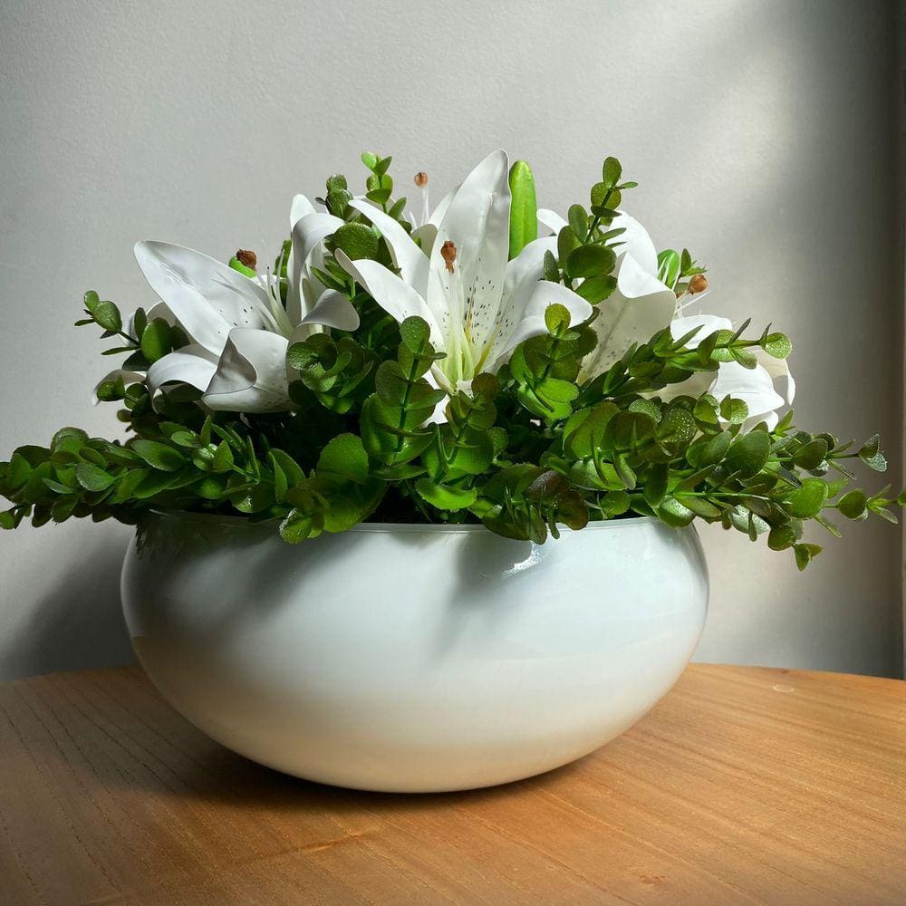 Arranjo Grande Centro de Mesa Lírio Branco Artificial Vaso Branco