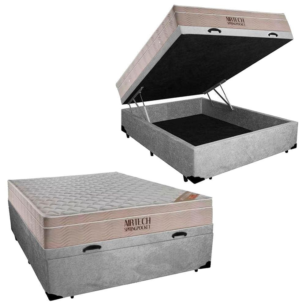 Cama Baú Casal Suede + Colchão Casal Ortobom Airtech Molas Ensacadas 65x138x188