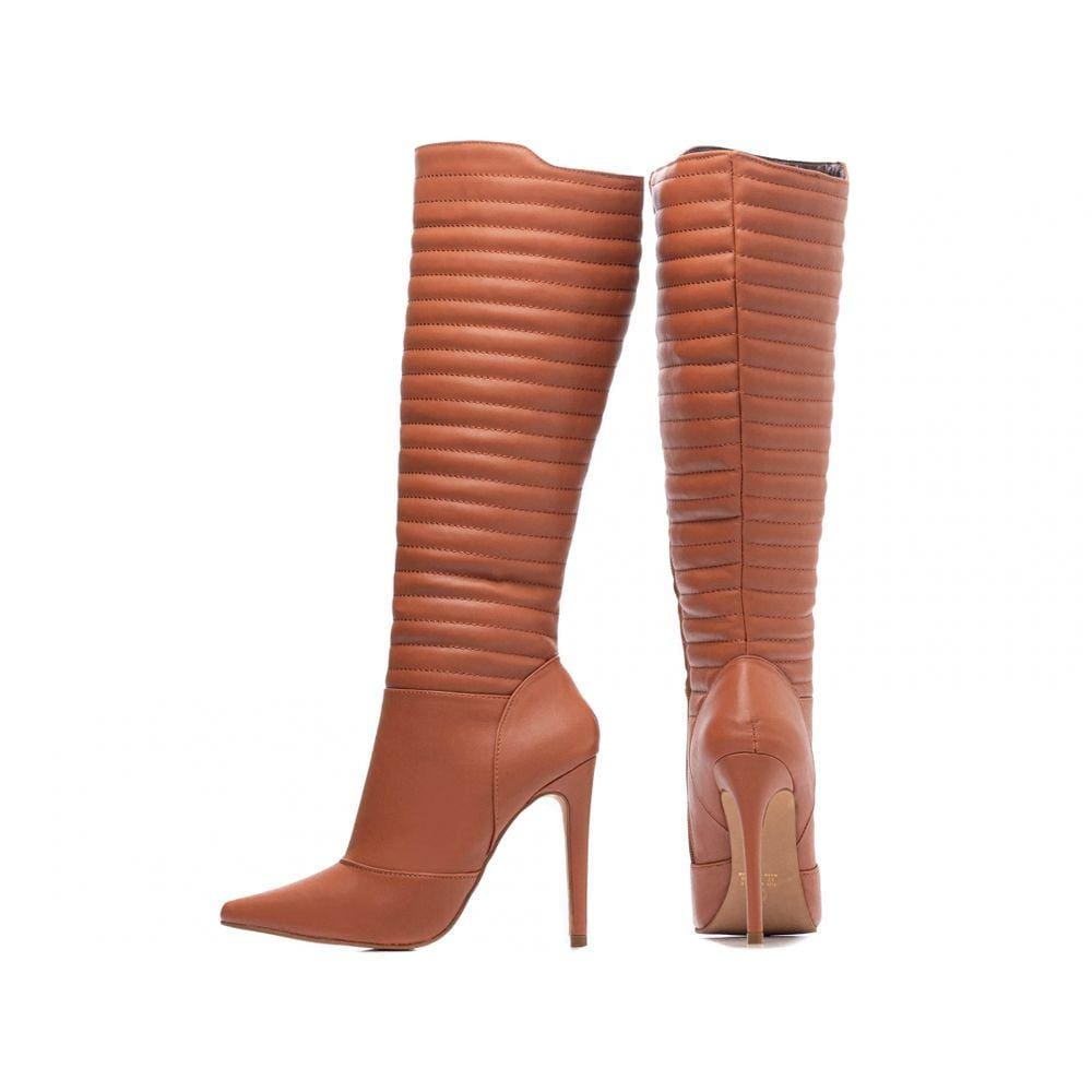 Bota Feminina Bico Fino Cano Alto Salto Fino 12cm Marrom Torricella