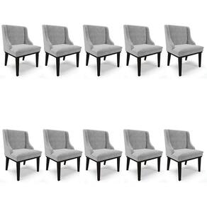 Kit 10 Cadeiras Estofadas para Sala de Jantar Base Fixa de Madeira Preto Lia Suede Cinza - Ibiza