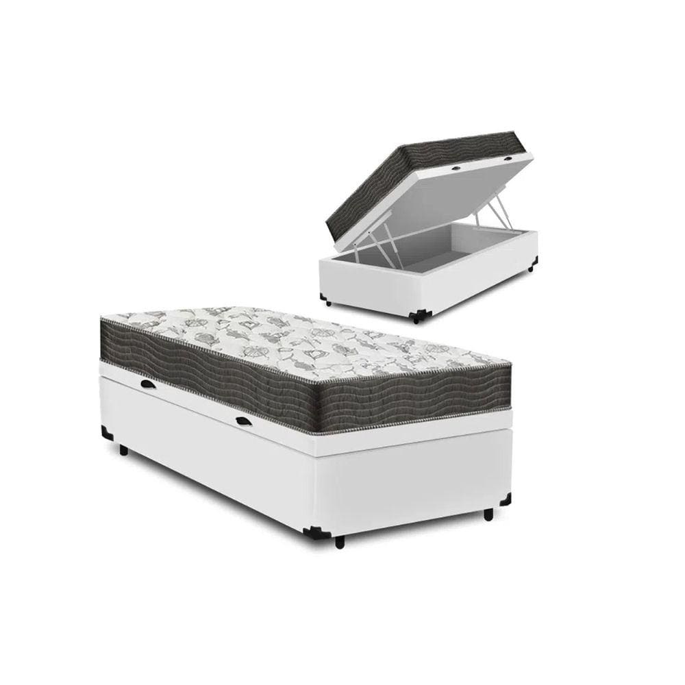 Cama Box Baú Solteiro Conforto Sintético Branco + Colchão Solteiro Conforto Espuma D23 Com EPS 16x88x188