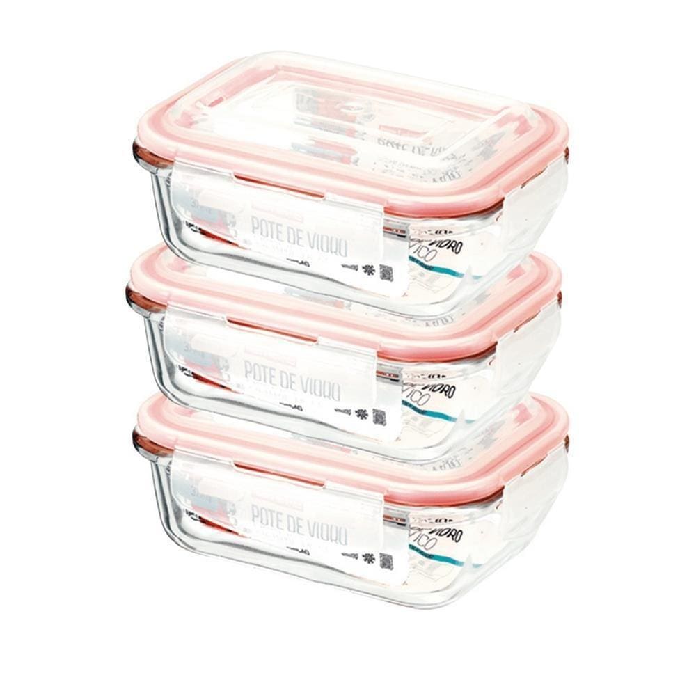 Pote Hermético de Vidro Retangular c/ Trava Kit 3 Pçs 370ml