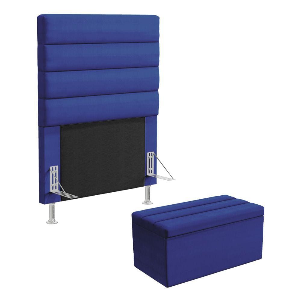 Cabeceira Atlas e Calçadeira Baú Ursa 90 para Cama de Solteiro A-019 Couro Azul Aradecor