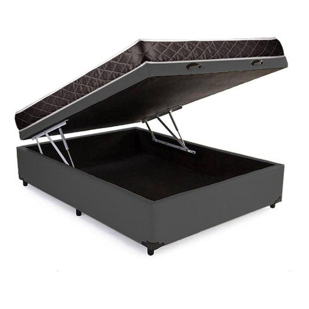 Cama Box Baú Casal Conforto Sintético Cinza + Colchão Casal Conforto Espuma D23 Com EPS 24x138x188