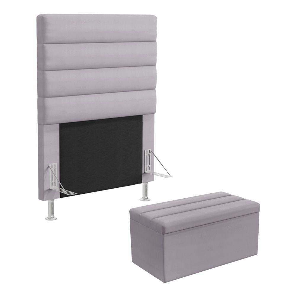 Cabeceira Atlas e Calçadeira Baú Ursa 90 para Cama de Solteiro N-023 Veludo Cinza Claro Aradecor