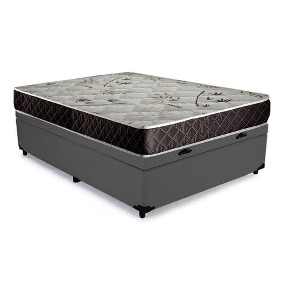 Cama Box Baú Casal Conforto Sintético Cinza + Colchão Casal Conforto Espuma D33 Com EPS 14x138x188