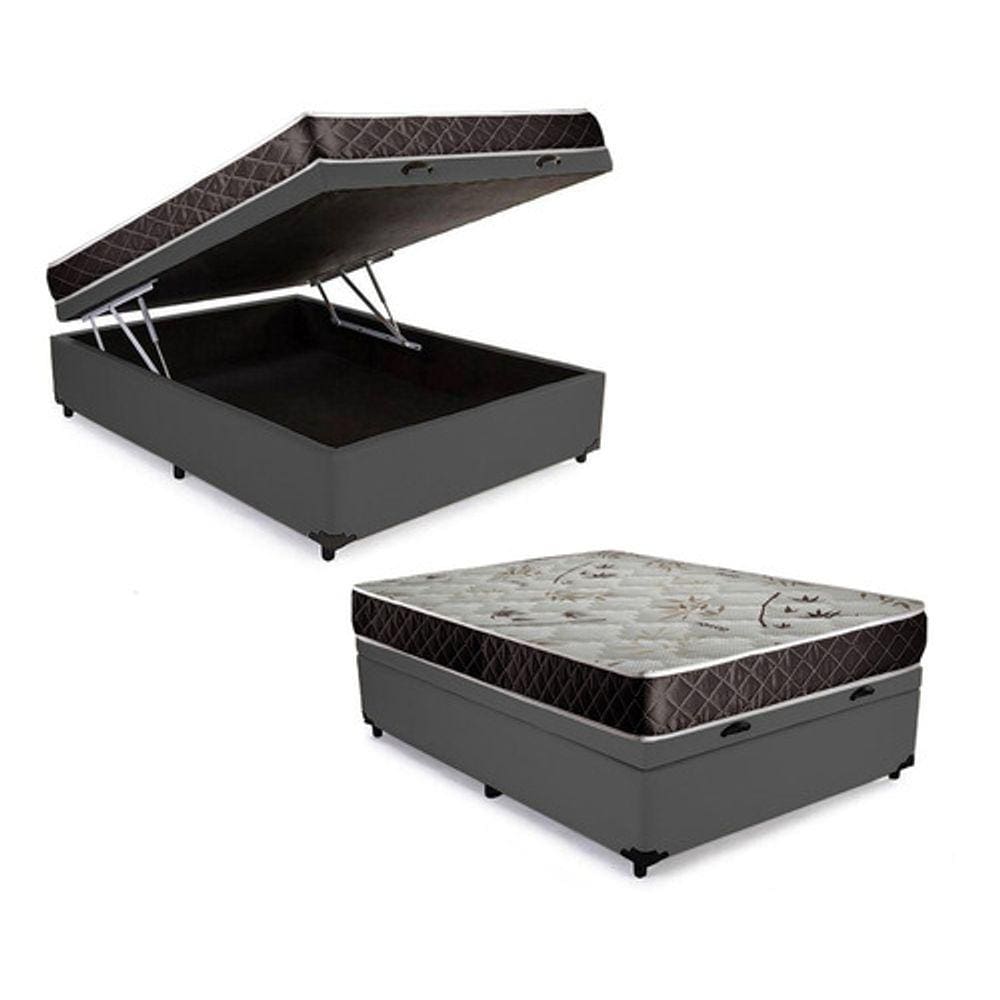 Cama Box Baú Casal Conforto Sintético Cinza + Colchão Casal Conforto Espuma D33 Com EPS 17x138x188