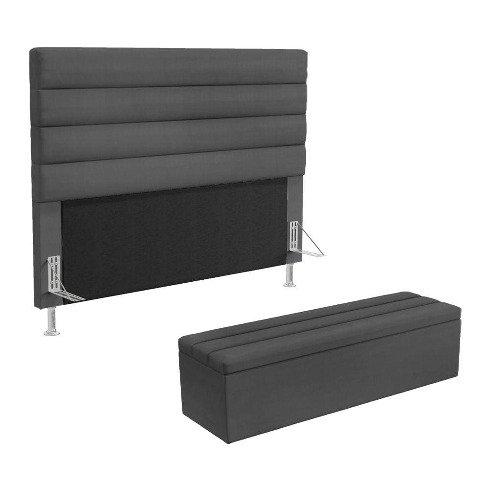 Cabeceira Atlas e Calçadeira Baú Ursa 160 para Cama Queen Z-008 Sued Cinza Aradecor