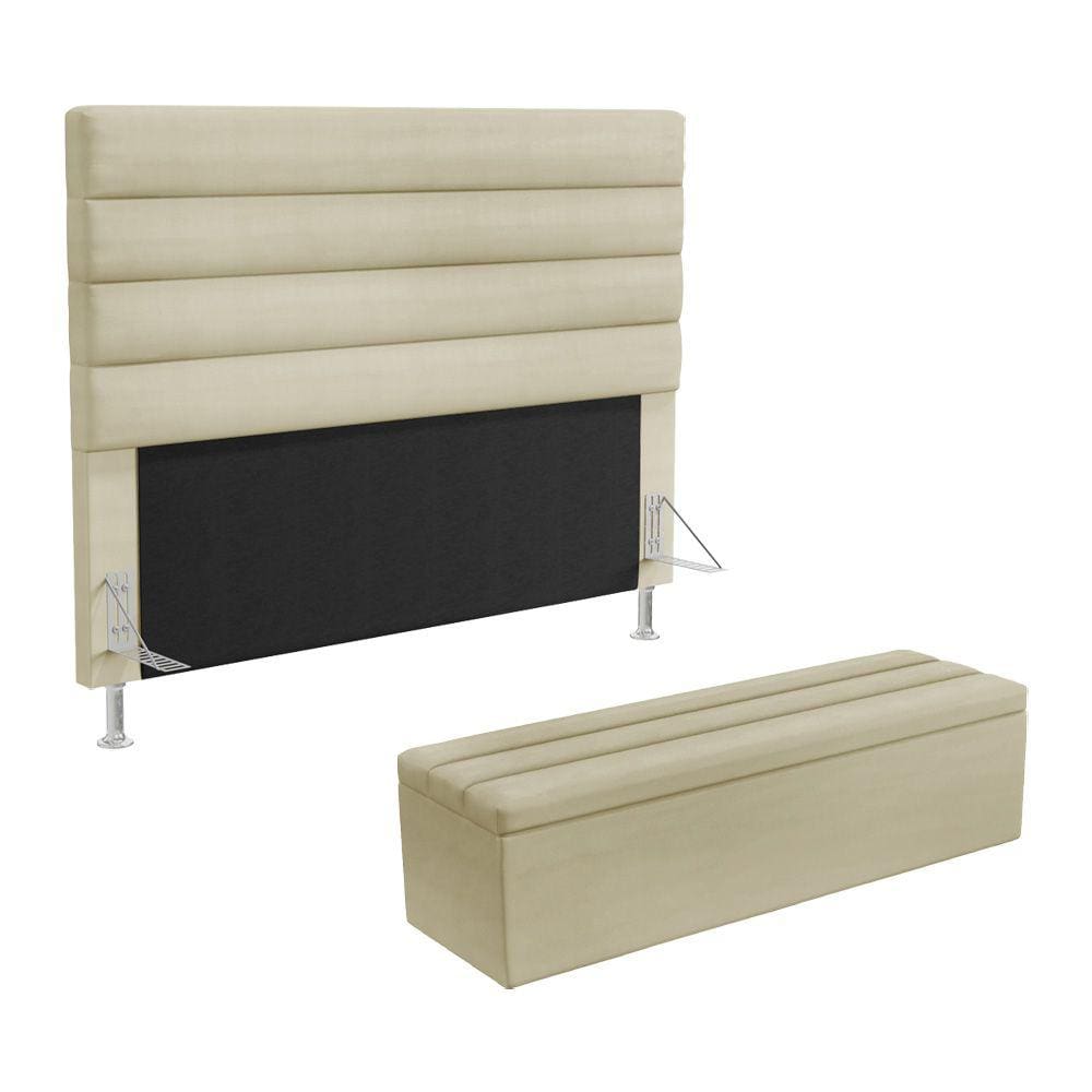 Cabeceira Atlas e Calçadeira Baú Ursa 160 para Cama Queen Z-003 Sued Bege Aradecor