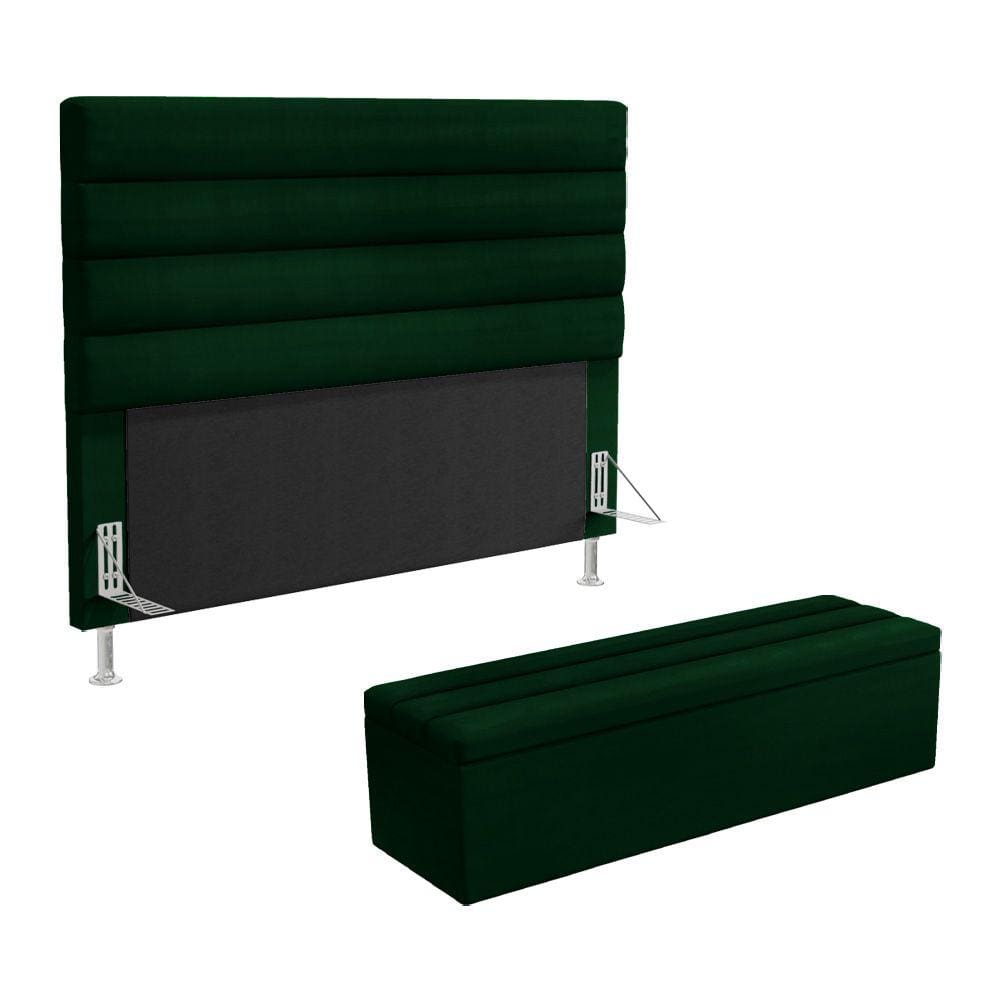 Cabeceira Atlas e Calçadeira Baú Ursa 160 para Cama Queen N-026 Veludo Verde Aradecor