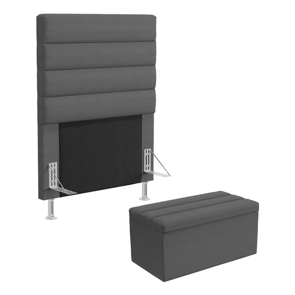 Cabeceira Atlas e Calçadeira Baú Ursa 90 para Cama de Solteiro Z-008 Sued Cinza Aradecor