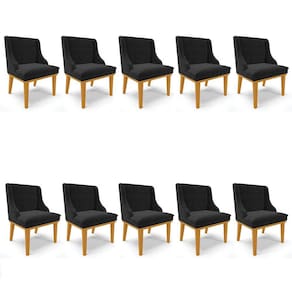 Kit 10 Cadeiras Estofadas para Sala de Jantar Base Fixa de Madeira Castanho Lia Suede Preto - Ibiza
