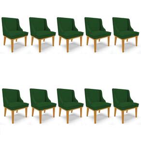 Kit 10 Cadeiras Estofadas para Sala de Jantar Base Fixa de Madeira Castanho Lia Veludo Verde - Ibiza