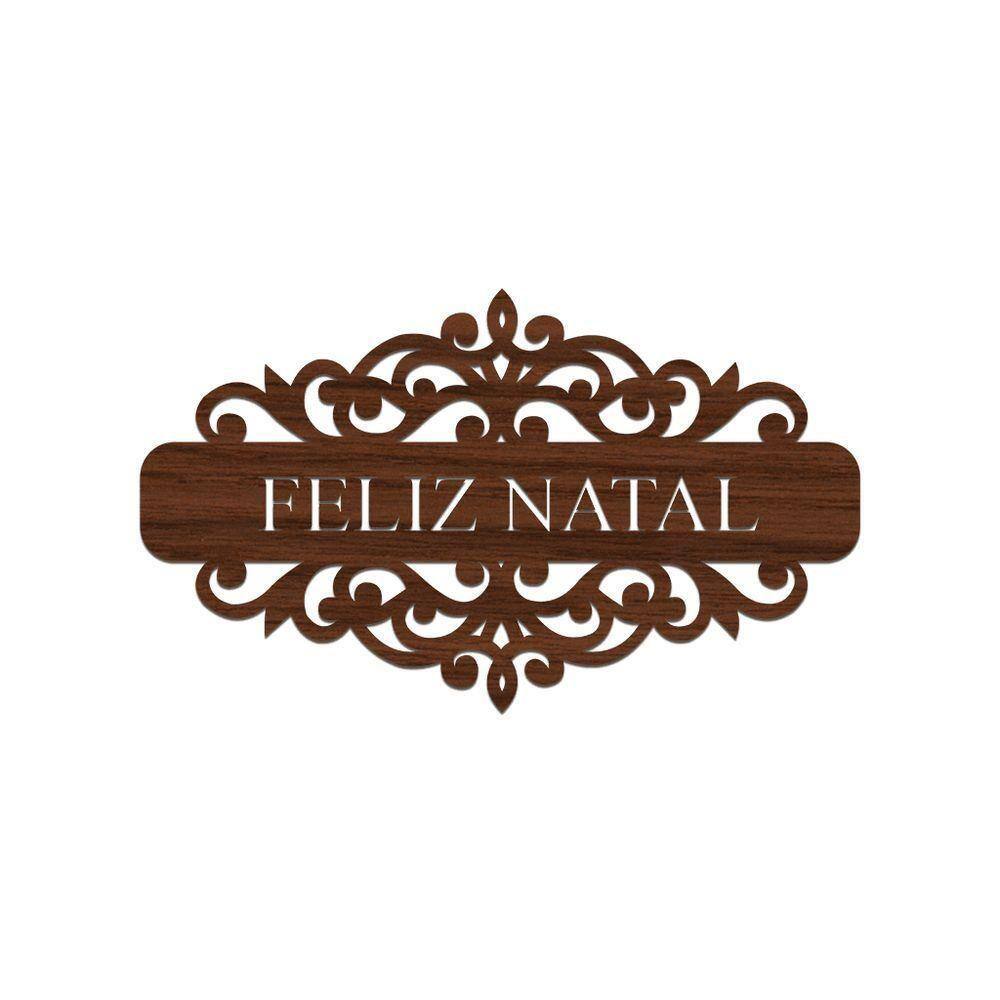 Placa Feliz Natal Com Arabesco 30cmx17cm - Cria Arte Laser Madeira Escuro