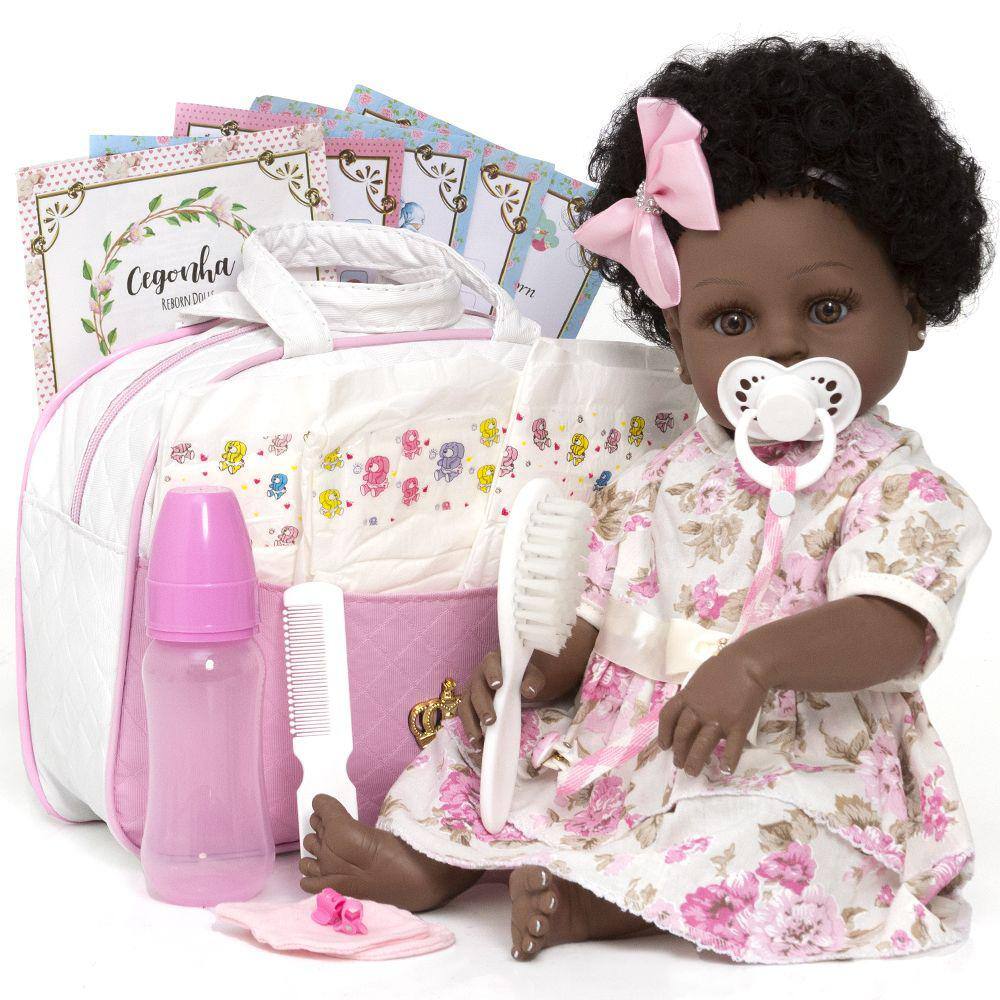 Boneca Bebê Reborn Cabelo Castanho + Bolsa 20 Itens Enxoval