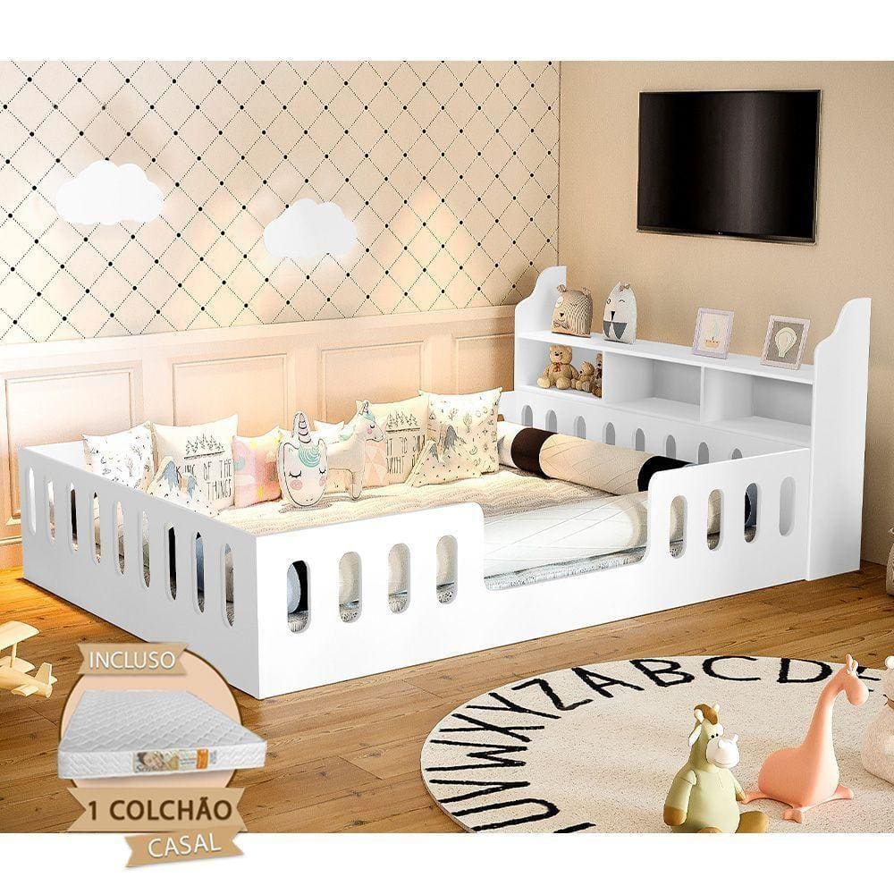 Cama Casal Design Montessoriana Helo Com Nicho E Colchão BrancaDivaloto Branco